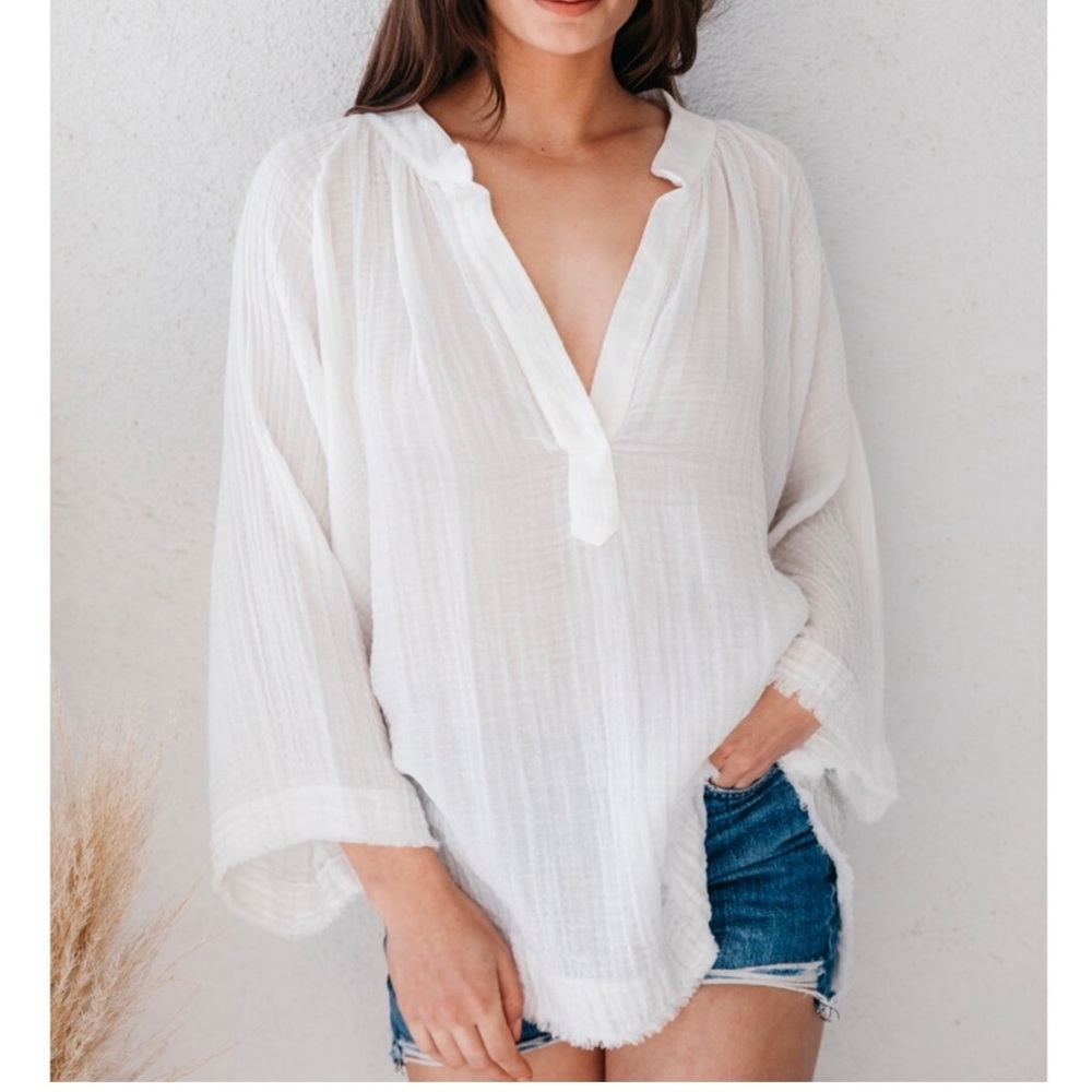 9 Seed Marrakesh Dashiki 100% Muslin Cotton Gauze Wide Bell Sleeve White Top Sm